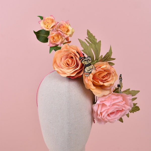 Sculptural Roses Headpiece in Pink and Orange | Flower Crown | Flower Headband | Wedding Headpiece | Races Headpiece