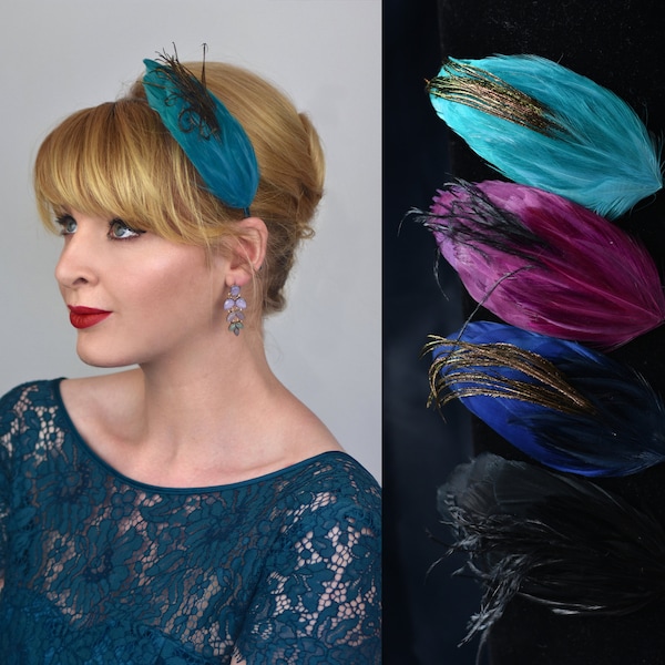 Side Perching Feather Fascinator Headband in Teal, Navy Blue, Plum, Red or Black | Feather Headpiece | Feather Fascinator