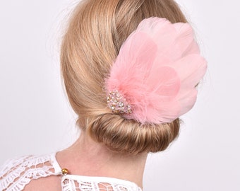Vintage Pink Feather Headpiece with Pearl and Rhinestone Embellishment