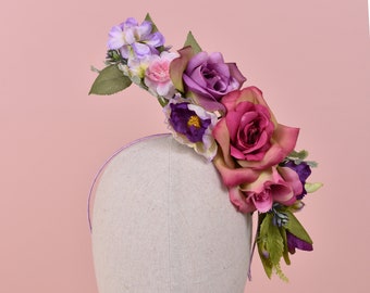 Sculptural Purple and Pink Roses Headpiece