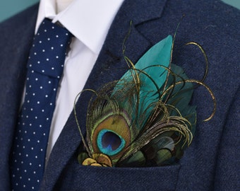 Teal and Green Peacock Feather Pocket Square No.53