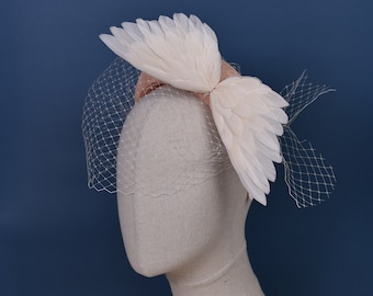Blush Pink and Ivory Bird Wings Bandeau Headband Fascinator with Ivory Birdcage Veil