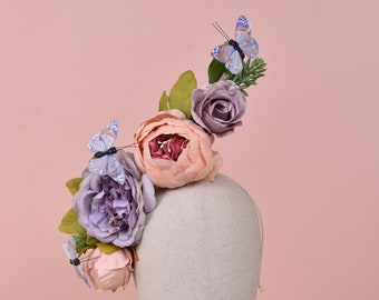 Sculptural Flowers and Butterfly Headpiece in Blush Pink and Lilac