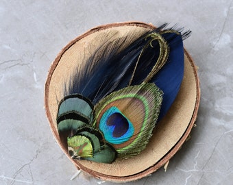 Navy Blue and Peacock Feather Hair Clip Fascinator