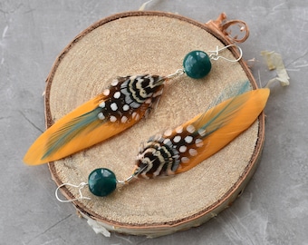 Mustard Yellow and Teal Feather Earrings