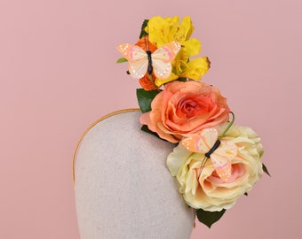 Sculptural Roses and Butterflies Headpiece in Yellow and Orange | Flower Crown | Flower Headband | Wedding Headpiece | Races Headpiece