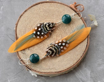 Mustard Yellow and Teal Feather Earrings