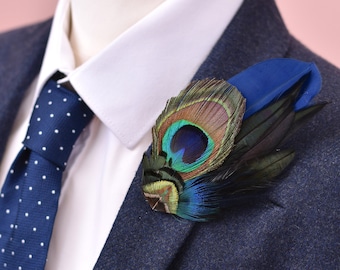 Peacock Feather Lapel Pin with Navy Blue, Turquoise, Gold and Green