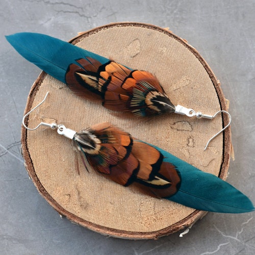 Green and Copper Feather Earrings Pheasant Feather Earrings Etsy