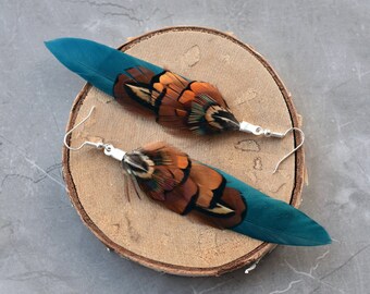 Teal and Copper Pheasant Feather Earrings