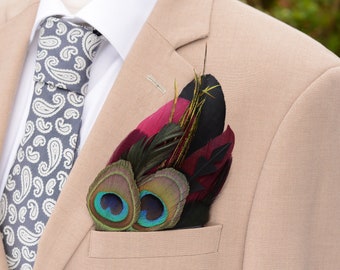 Burgundy Purple,  Black and Peacock Eye Feather Pocket Square No.231