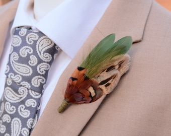 Green and Copper Pheasant Feather Lapel Pin