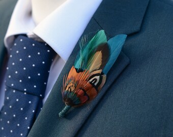 Teal and Copper Pheasant Feather Lapel Pin