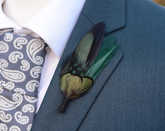 Black and Bottle Green Feather Lapel Pin