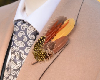 Mustard Yellow and Tan Brown Feather Lapel Pin No.200