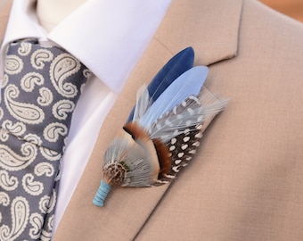 Navy and Pastel Blue Feather Lapel Pin  |  Feather Boutonniere | Duck Feather Brooch