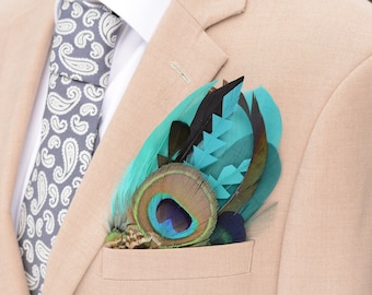 Shades of Teal and Turquoise Peacock Eye Feather Pocket Square No.236 | Suit Accessory