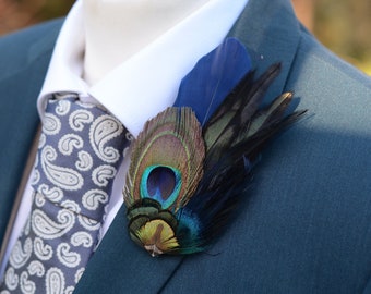 Navy Blue and Peacock Feather Lapel Pin | Peacock Feather Boutonniere | Peacock Feather Brooch | Peacock Feather Hat Pin | Peacock Hat Pin