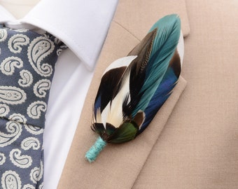 Turquoise and Blue Duck Feather Lapel Pin / Hat Pin No.234