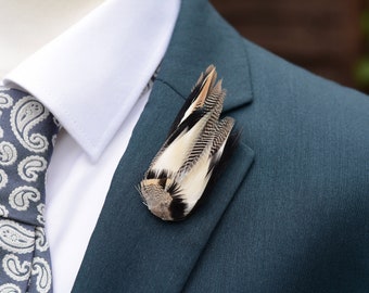 Duck Feather Lapel Pin in Ivory and Black Stripes Small No.96
