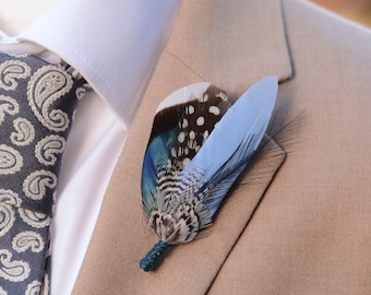 Small Navy and Pastel Blue Feather Lapel Pin / Hat Pin