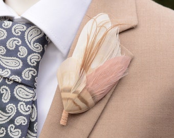 Blush Pink and Ivory Peacock Feather Lapel Pin Brooch No.261