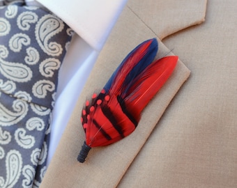 Navy Blue and Red Feather Lapel Pin | Duck Feather Boutonniere | Pheasant Feather Brooch |  Feather Hat Pin
