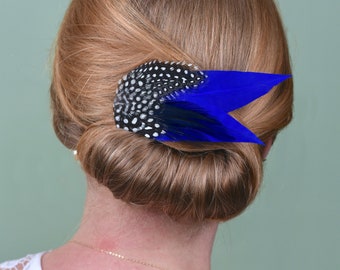 Kobaltblau und Polka Dot Feder-Haarspange | Royal Blau Feder Fascinator | Blaue Feder Kopfschmuck | Hochzeit Fascinator | Braut Kopfschmuck