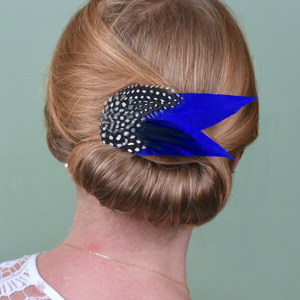 Cobalt Blue and Polka Dot Feather Hair Clip | Royal Blue Feather Fascinator | Blue Feather Headpiece | Wedding Fascinator | Bridal Headpiece