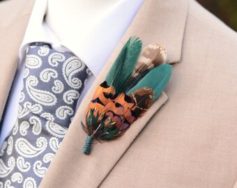 Copper, Teal and Green Pheasant and Duck Feather Lapel Pin No.247