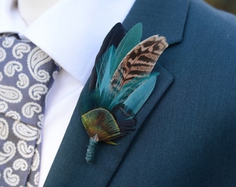 Green, Teal and Black Pheasant Feather Lapel Pin No.240