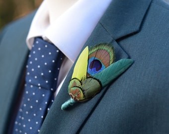 Teal and Peacock and Pheasant Feather Lapel Pin |  Peacock Feather Boutonniere | Peacock Feather Brooch