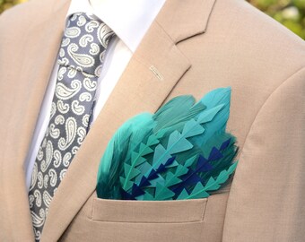 Teal Turquoise and Blue Feather Pocket Square No.241