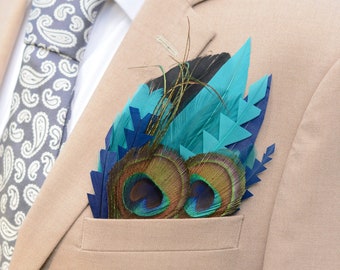 Teal and Navy Peacock Feather Pocket Square No.244