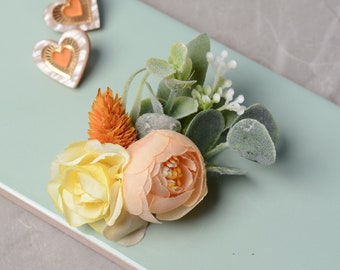 Ivory and Peach Rose and Ranunculus Flower Hair Clip