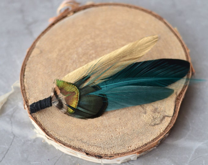 Gold, Green and Teal Feather Lapel Pin