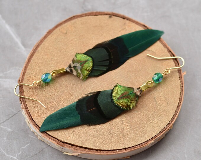 Green and Gold Small Feather Earrings with Emerald Crystal Bead