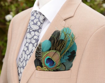 Shades of Black and Green Peacock Feather Pocket Square No.232