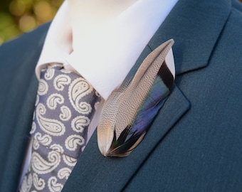 Mallard Feather Lapel Pin in Navy Blue and Grey