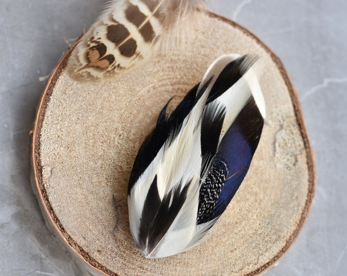 Duck Feather Lapel Pin in Navy Blue, Black and Ivory Small No.117