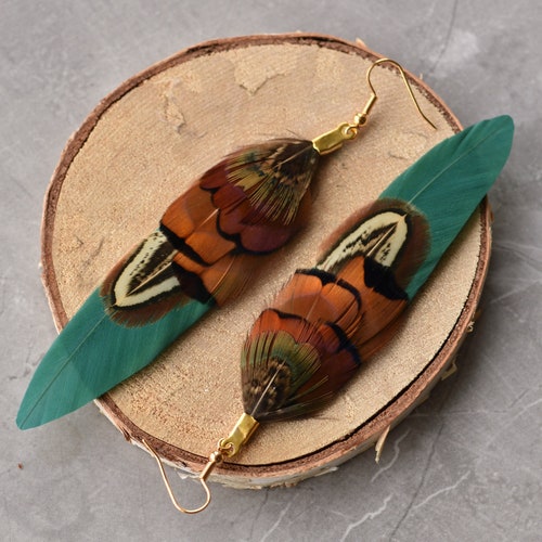 Green and Copper Feather Earrings Pheasant Feather Earrings Etsy UK