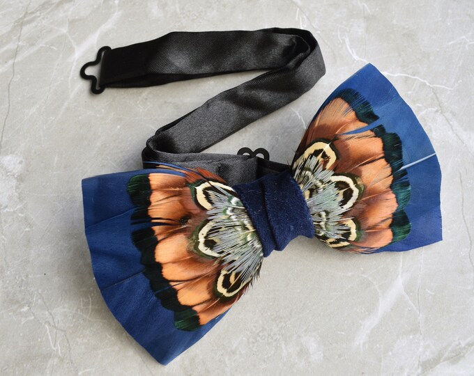 Navy Blue and Copper Pheasant Feather Bow Tie No.14