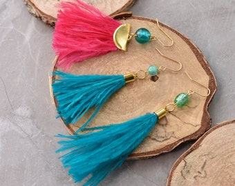 Turquoise and Pink Ostrich Feather Tassel Earrings