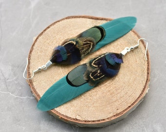 Teal, Navy Blue and Green Feather Earrings