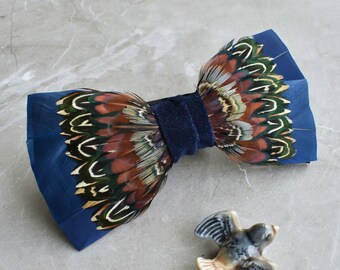 Blue Chuka Feather Bow Tie - Dusty Blue & Brown Stripes