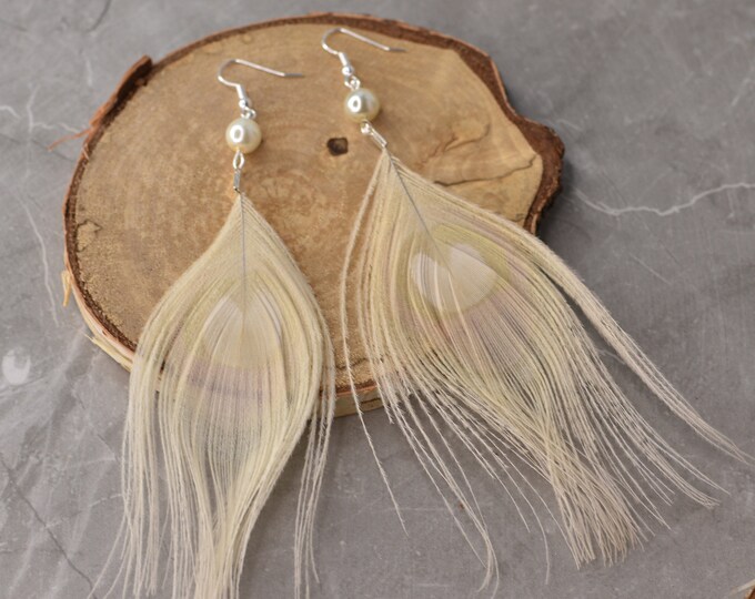 Large Ivory / White Peacock Feather Earrings with Swarovski Pearls