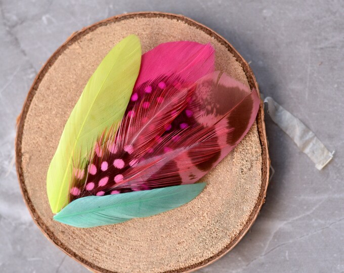 Bright Yellow, Pink and Turquoise Dyed Feather Hat Pin Small no.158