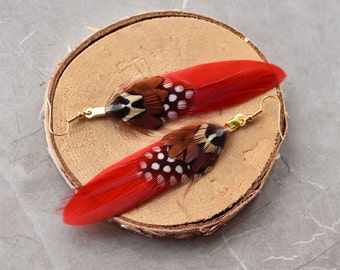 Red Pheasant Feather Earrings