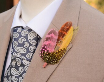 Bright Yellow and Soft Pink Dyed Feather Lapel Pin Small no.148