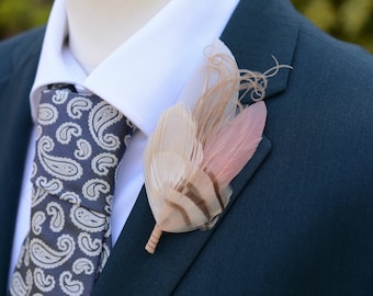 Blush Pink and Ivory Peacock Feather Lapel Pin Brooch No.259